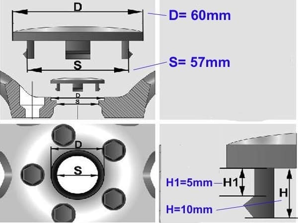 SAAB centrumkåpor till fälgar, 60 mm, passar 57 mm hål, 4-pack