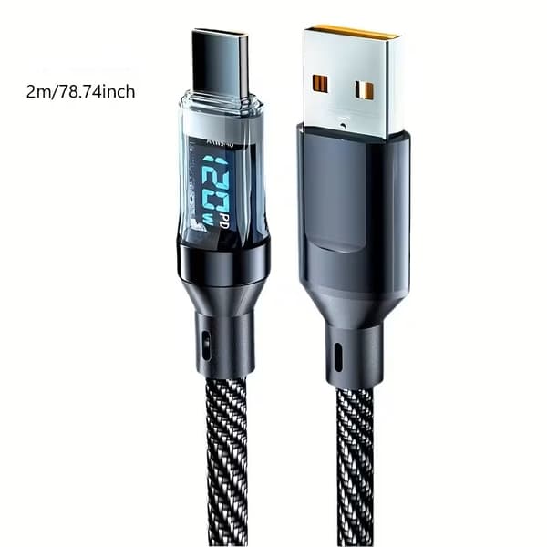 Snabbladdningskabel 2meter PD 120w USB-A to Type C + display. Silver