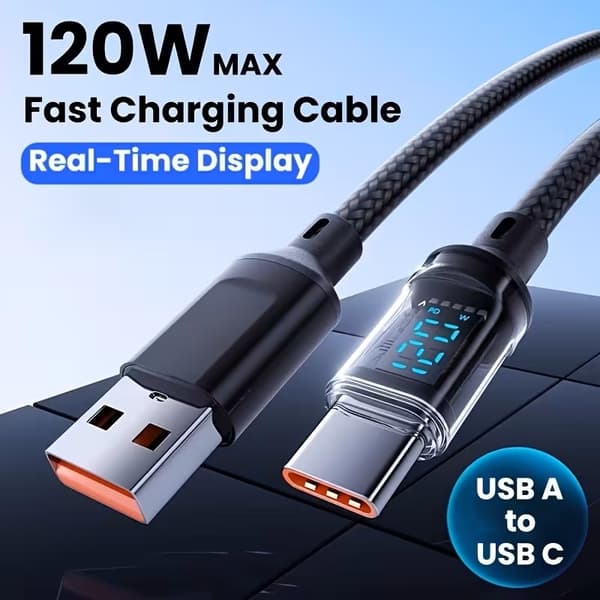 Snabbladdningskabel 2meter PD 120w USB-A to Type C med display Silver