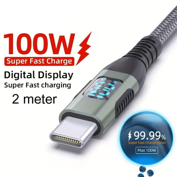 Snabbladdningskabel 2 meter PD 100W Type C med display Silver