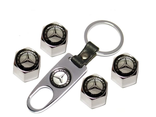 Ventilhattar Mercedes 4 st + nyckelring i krom, exklusivt set