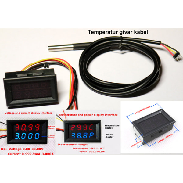 4 in 1 Volt + Amp + Temp + Watt 0-33V + 0-10A DC Digital lcd
