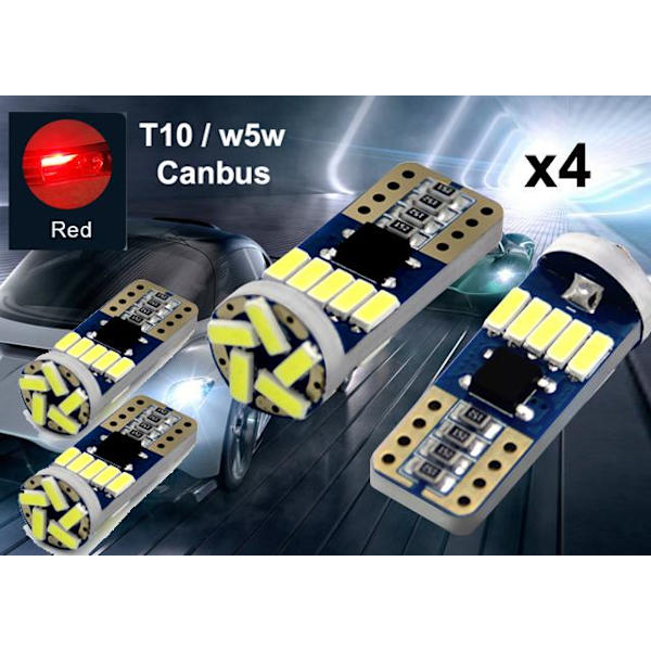 T10 w5w Canbus Röd 4-pack Led lampor med 15st 4014smd chip Röd