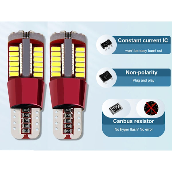 T10 w5w Canbus 6000k Led lampor 12v chip 2-pack Vit