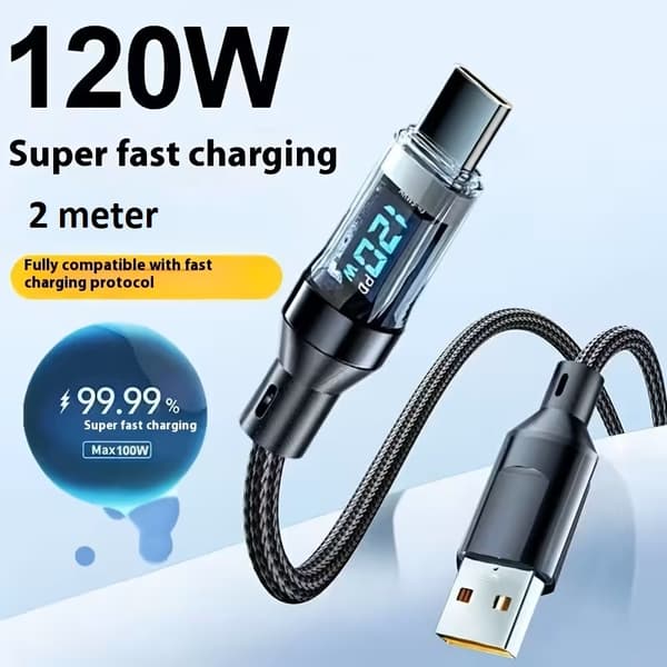 Snabbladdningskabel 2meter PD 120w USB-A to Type C + display. Silver