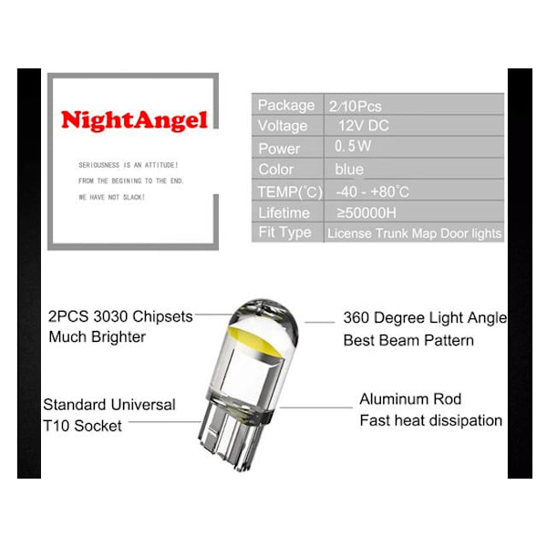 T10 w5w blå Led med 1st COB led chip 12v DC  10-pack Blå