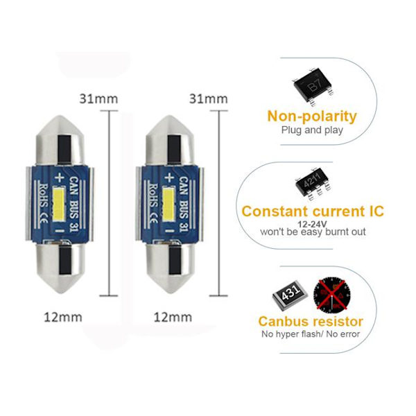canbus c5w 31mm Led 400 lumen 6000K 2-pack festoon c10w Vit