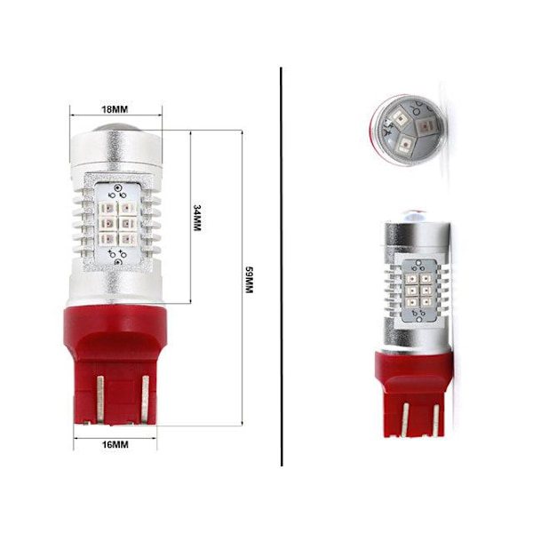 T20 7440 w21w Röd Led med 21st 2835smd ledchip 2-pack w3x16d Silvergrå