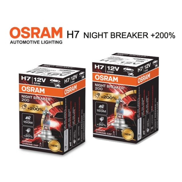 Osram H7 +200% night breaker halogen premium lampor 12v DC px26d Metall utseende