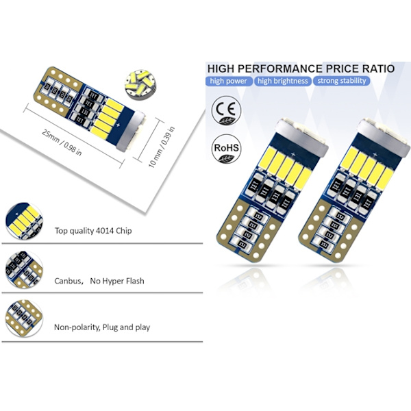 T10 w5w Canbus 6000k 4-pack Led lampor med 15st 4014smd chip vit Röd