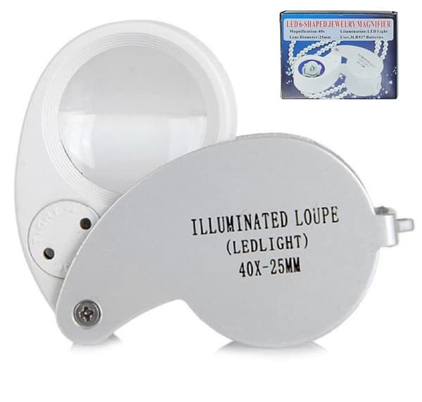 Lupp 40x25mm förstorningsglas med stark ledlampa inkl. batterier silver
