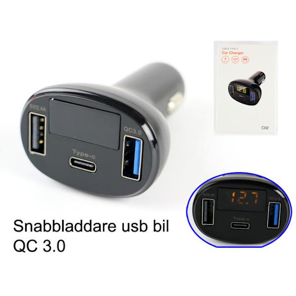 Voltmätare 5-30v + USB 5v Snabbladdare DC C02 QC3.0 Type C Svart