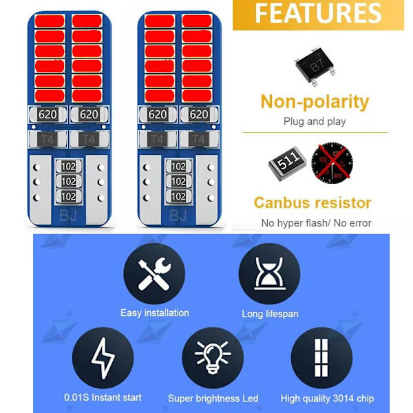 T10 w5w Canbus Röd 4-pack Led lampor med 24st 3014smd chip Röd