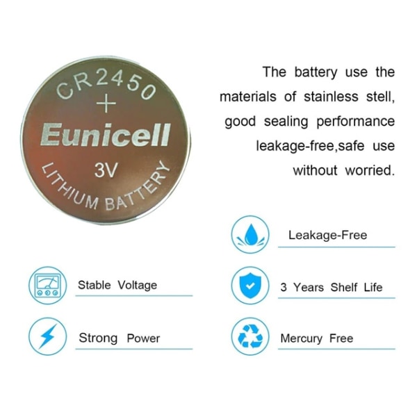 CR2450 5-pack Lithium batteri CR 2450 3V Eunicell batterier