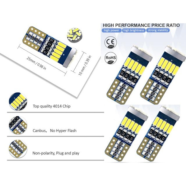 T10 w5w Canbus 6000k 4-pack Led lampor med 15st 4014smd chip vit Röd