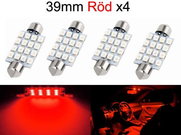 Diodlampa 39mm röd 4-pack Led 2835SMD  C5W SV8.5 Röd