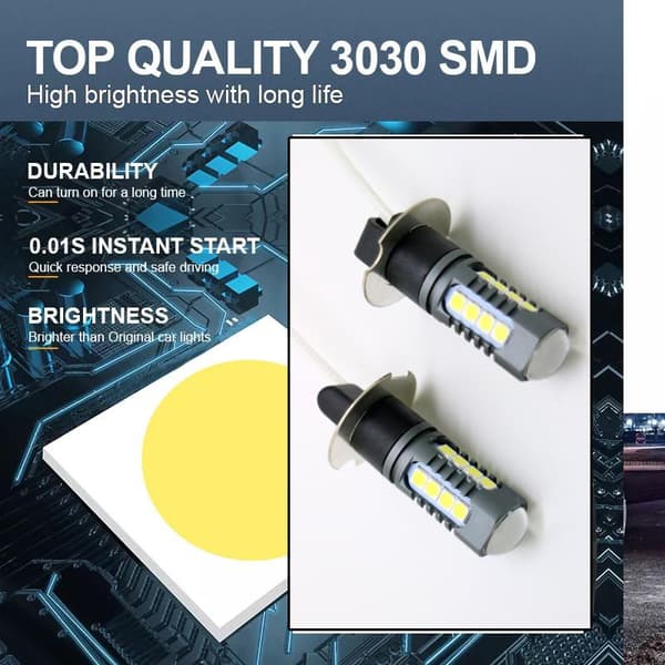 H3 Dimljus 500 lumen LED 6000K med 18st 3030 SMD chip,  2-pack Silvergrå