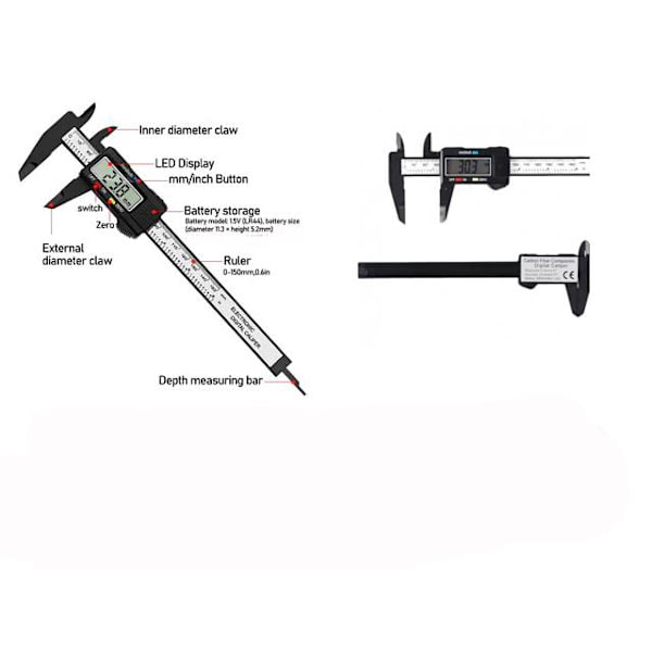 Skjutmått 0-150mm  inkl. batteri multifärg