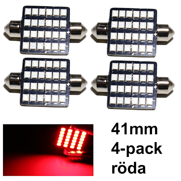 Spollampa 41mm 42mm röd Led 2835SMD 4-pack C5W SV8.5 c10w Röd