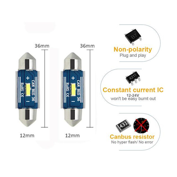 canbus c5w 36mm Led 400 lumen 6000K 2-pack festoon c10w Vit