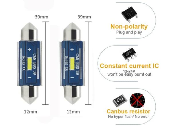 canbus c5w 39mm Led 400 lumen 6000K 2-pack Vit