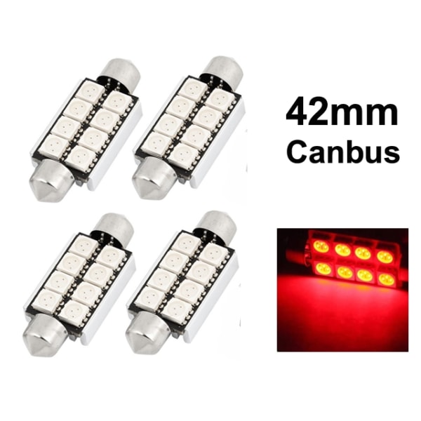 Spollampa 41mm 42mm röd Canbus Led 5050SMD 4-pack C5W SV8.5 Röd