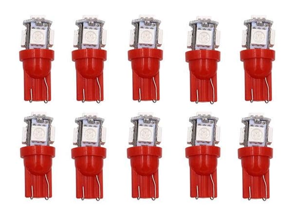 T10 w5w röda LED-lampor, 5 st 5050SMD chip, 12V DC, 10-pack. Röd