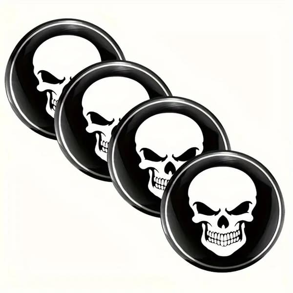 Dödskalle emblem till centrumkåpor + matchande ventilhattar. 4-pack, styling.