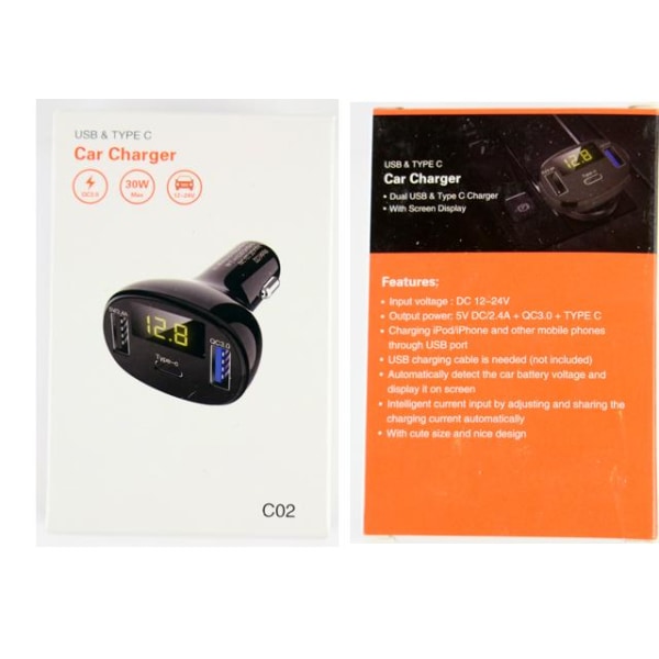 Voltmätare 5-30v + USB 5v Snabbladdare DC C02 QC3.0 Type C Svart