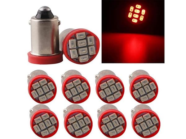 BA9S 10-pack röd Led med 8st SMD2835 chip T4W styling Silvergrå