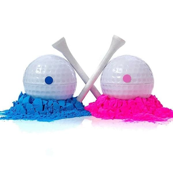 Køn afslørende golfbold, eksploderende golfbolde, inkluderer 1 lyserød + 1 blå + 2 træpinde - den perfekte idé til en køn afsløring!