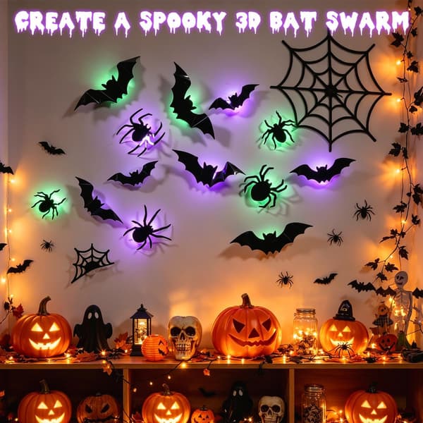 LED-fladdermus- och spindel-Halloween-dekorationer, 3D-lysande fladdermus-väggdekor, inredning bat 12Pack