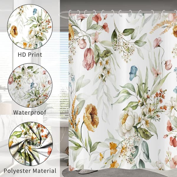 Blomster Dusjforheng 180x200, Akvarell Fargerike Blomster Planter Sommerfugl Villblomster Vanntett Badedraperi Vaskbart Polyesterstoff Badedraperi