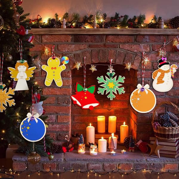 48 stk. julehåndværk til børn, 6 stilarter ubehandlede træpynt til juletræet, DIY-dekorationssæt