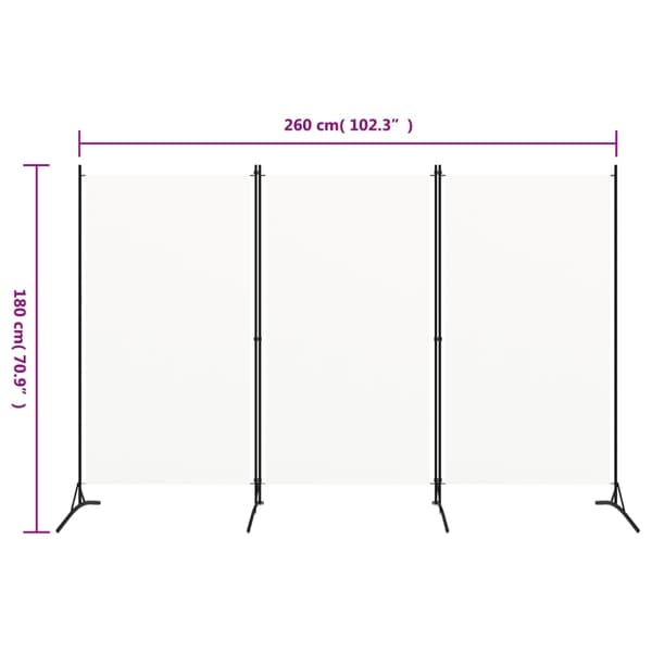 vidaXL Rumsavdelare 3 paneler vit 260x180 cm tyg vit