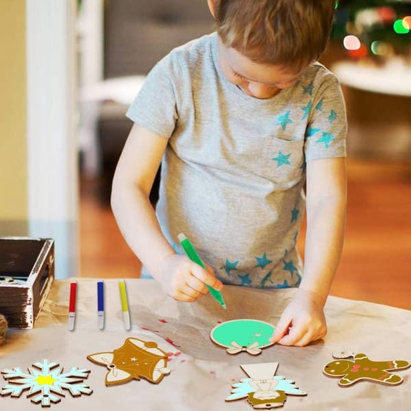 48 st julpyssel för barn, 6 stilar oavslutade julgransprydnader i trä, DIY-dekorationsset