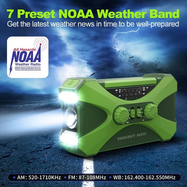【10000 mAh】 Solar Crank Nødradio, NOAA Værradio Mult
