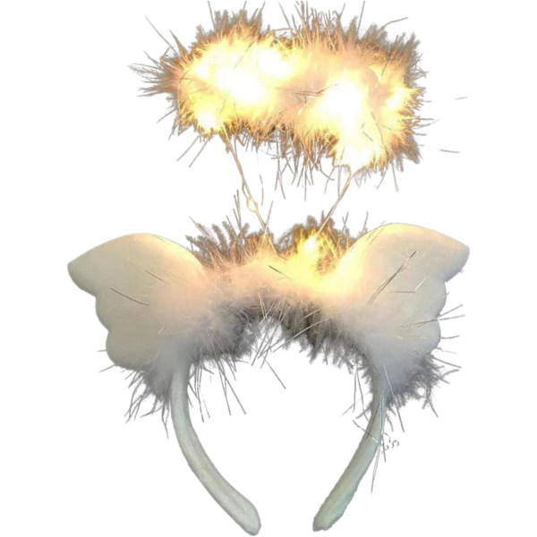 Fjær LED-lys hvit fluffy hodeplagg, engelvinger pannebånd, L