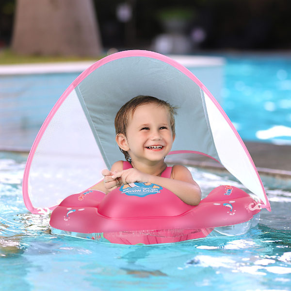Baby Simningsfloat Uppblåsbar Baby Pool Float Ring Nyaste med Solskyddskåpa, Lägg till Svans Ingen Vändning för Ålder 3-36 Månader, RÖD S