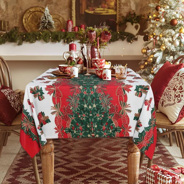 Rektangulær juledug - 59x71 tommer Holly Ribbon mønster