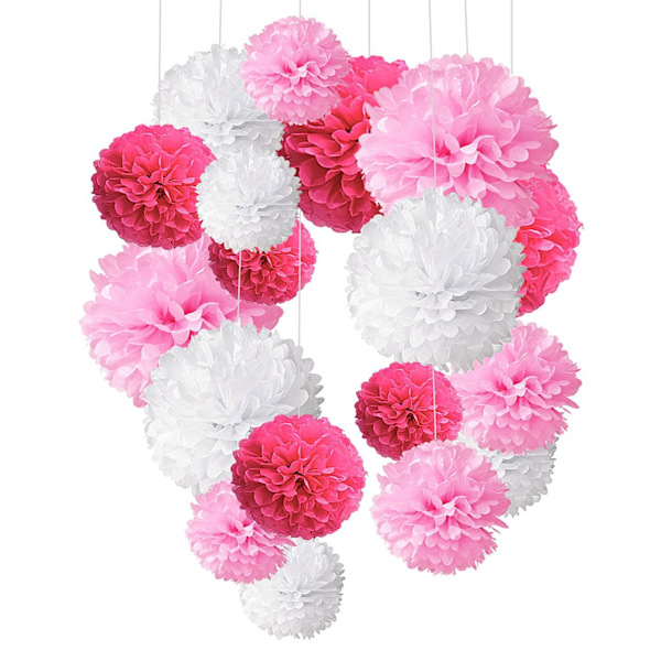 Utvalg av 18 rosa, hvite og elfenbensfargede papirpomponger