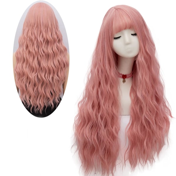 Pink Wig for Women Long Fluffy Curly Wavy Hair Wigs for Girl Hea