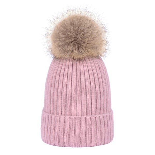 Stickad Mysig Varm Vinter Snowboard- & Skidkeps med Pompom Slouchy Hatt för Barn Baby - Rosa