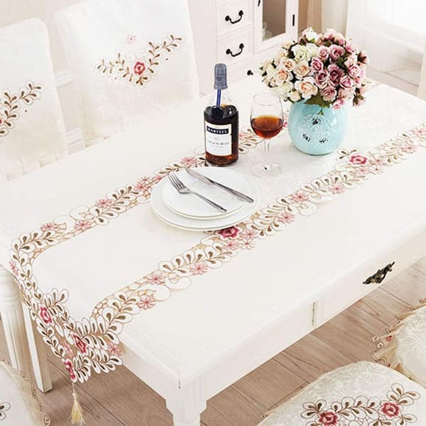 Klassisk blomst brodert blonde bordløper, floral vaskbar fa