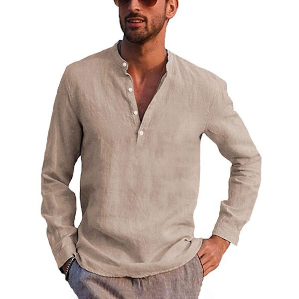 Herre bomull casual skjorte lang ermet bånd krage Henley skjorte T