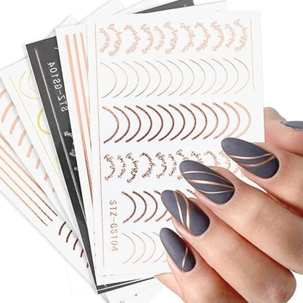 Franska linjen nagelkonst dekaler 3D nagelklistermärken böjda remsor guld S