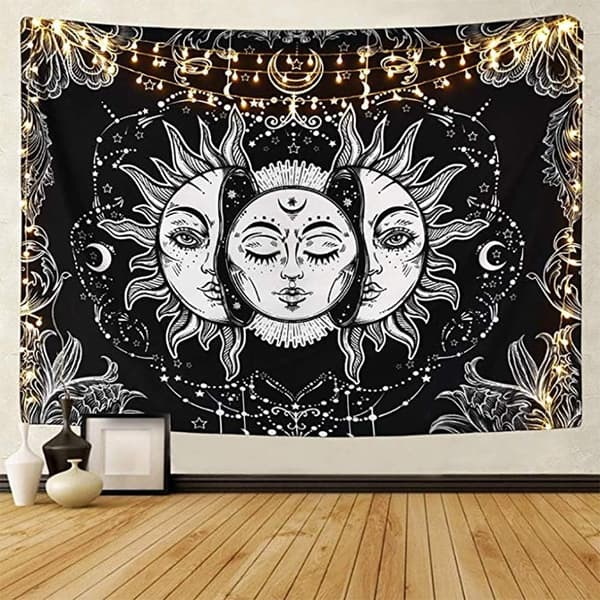 Sol og måne tarot-teppe psykedeliske sorte astronomiske tepper