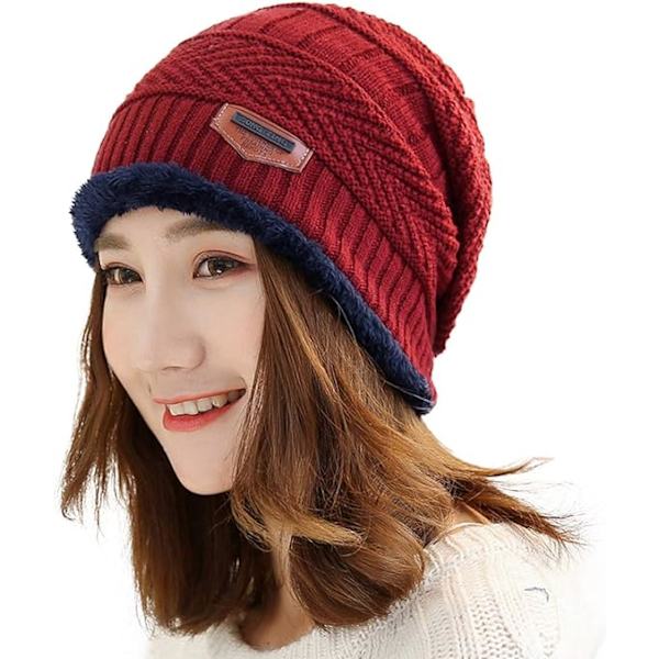 Tyk varm vinterhue til kvinder Slouchy Skully strikhue, rød