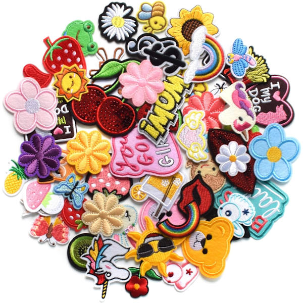 60 forskellige tilfældige broderede patches, lyse farver, syning/i