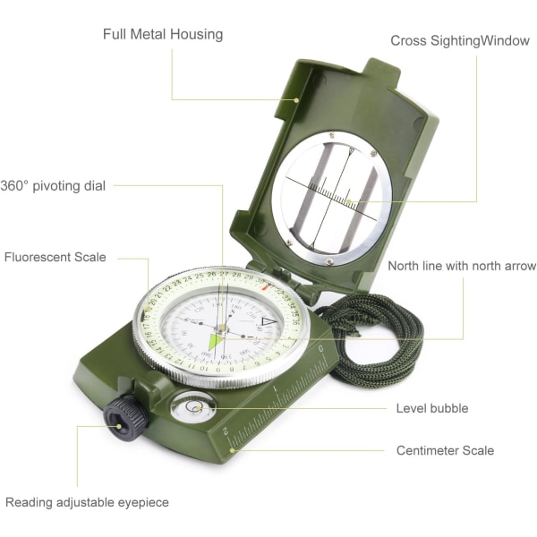 Multifunktionel nordpejlingskompas til udendørs metal med lys